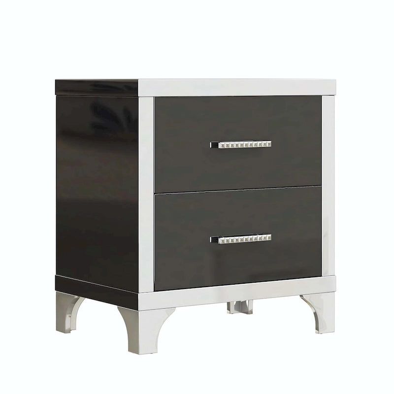 Table de Chevet Noire Laquée avec 2 Tiroirs, Poignées Métalliques, en Aggloméré
