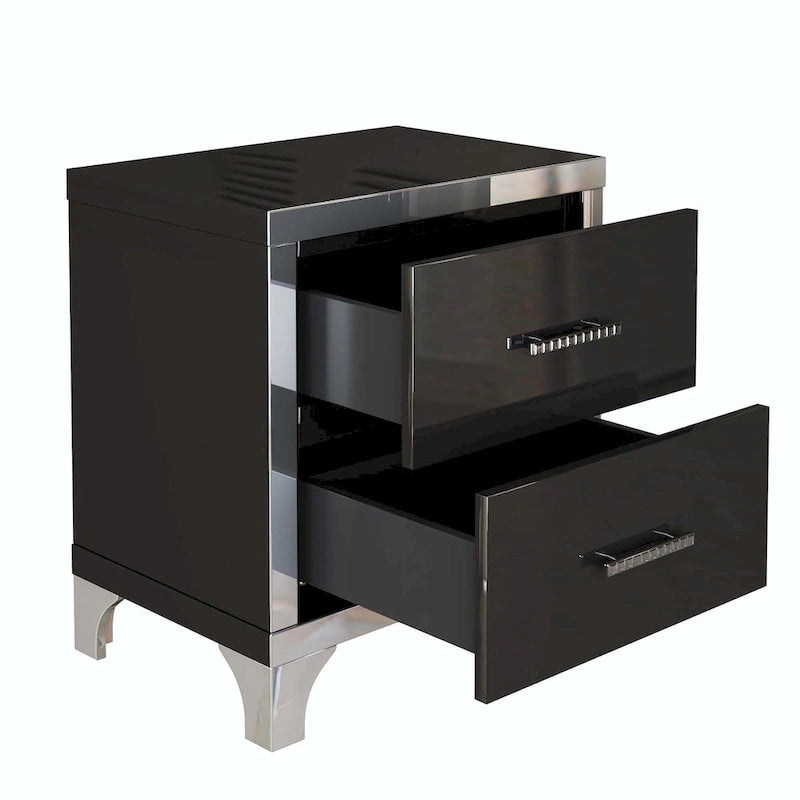Table de Chevet Noire Laquée avec 2 Tiroirs, Poignées Métalliques, en Aggloméré