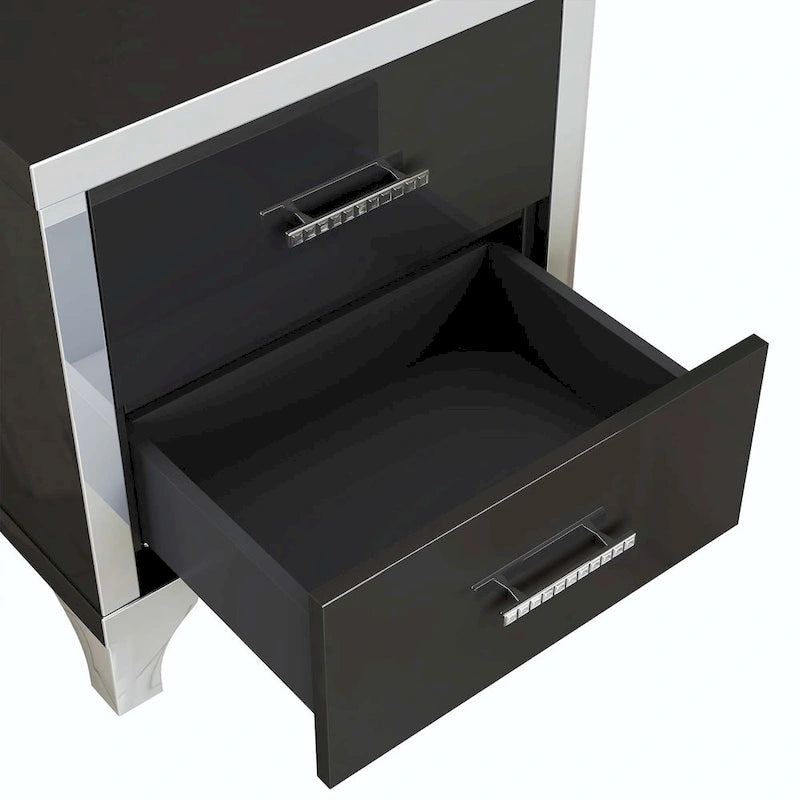 Table de Chevet Noire Laquée avec 2 Tiroirs, Poignées Métalliques, en Aggloméré