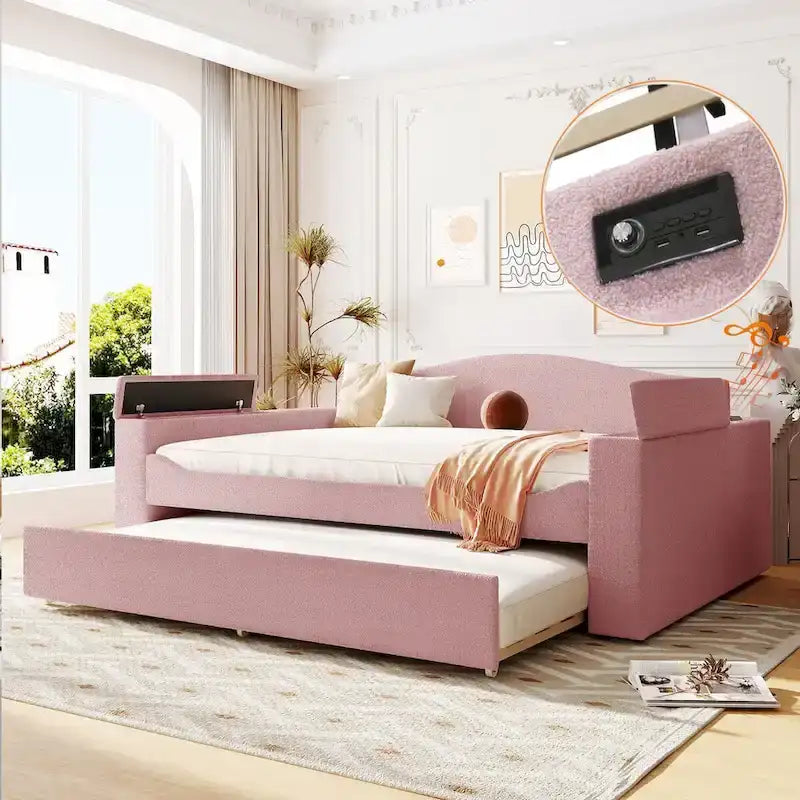 Full Size Upholstered Daybed with Storage Armrests and Trundle