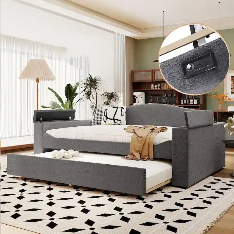 Teddy polaire gris lit de repos complet haut-parleur Bluetooth accoudoirs de rangement gigogne double