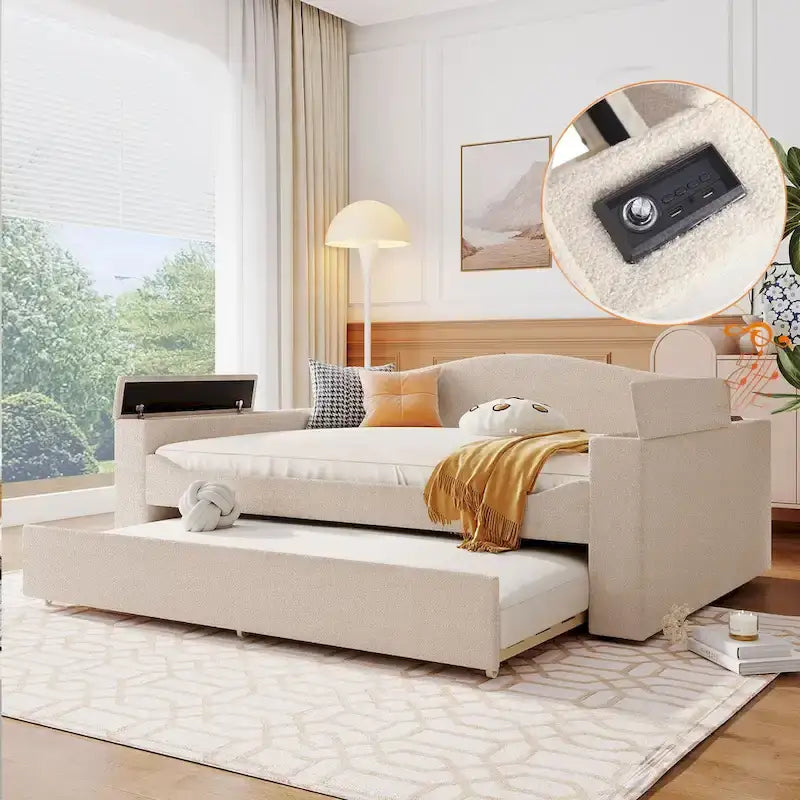 Teddy polaire gris lit de repos complet haut-parleur Bluetooth accoudoirs de rangement gigogne double