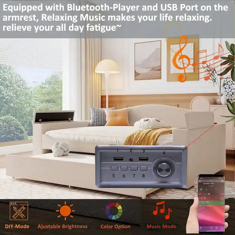 Teddy polaire gris lit de repos complet haut-parleur Bluetooth accoudoirs de rangement gigogne double