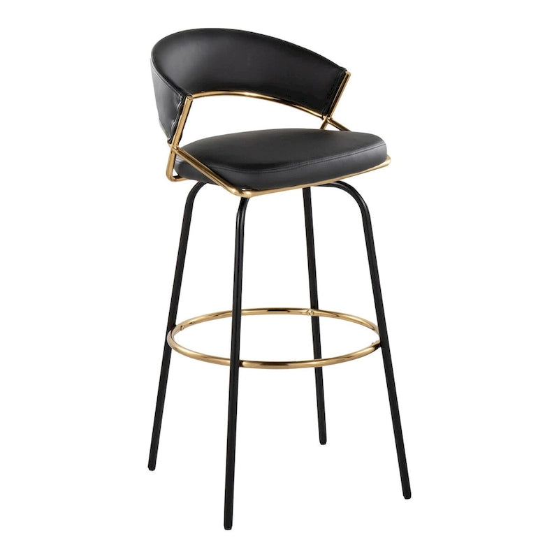 Tabouret de bar en similicuir noir et métal doré, hauteur fixe, pivotant à 360°, style contemporain glamour