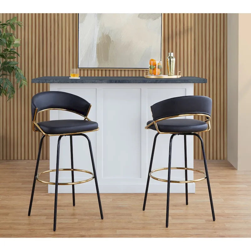Tabouret de bar en similicuir noir et métal doré, hauteur fixe, pivotant à 360°, style contemporain glamour