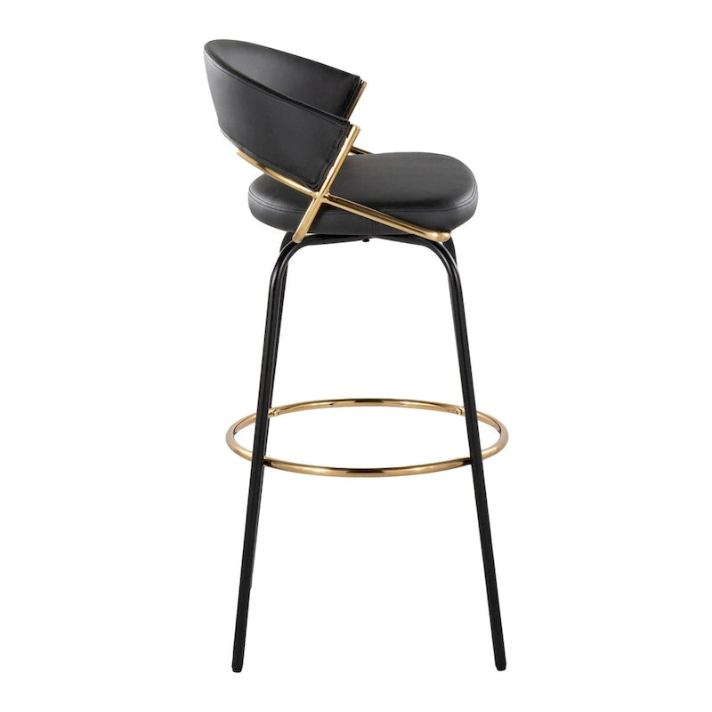 Tabouret de bar en similicuir noir et métal doré, hauteur fixe, pivotant à 360°, style contemporain glamour