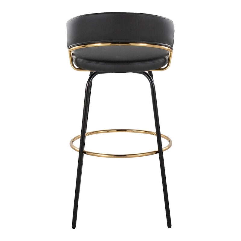 Tabouret de bar en similicuir noir et métal doré, hauteur fixe, pivotant à 360°, style contemporain glamour