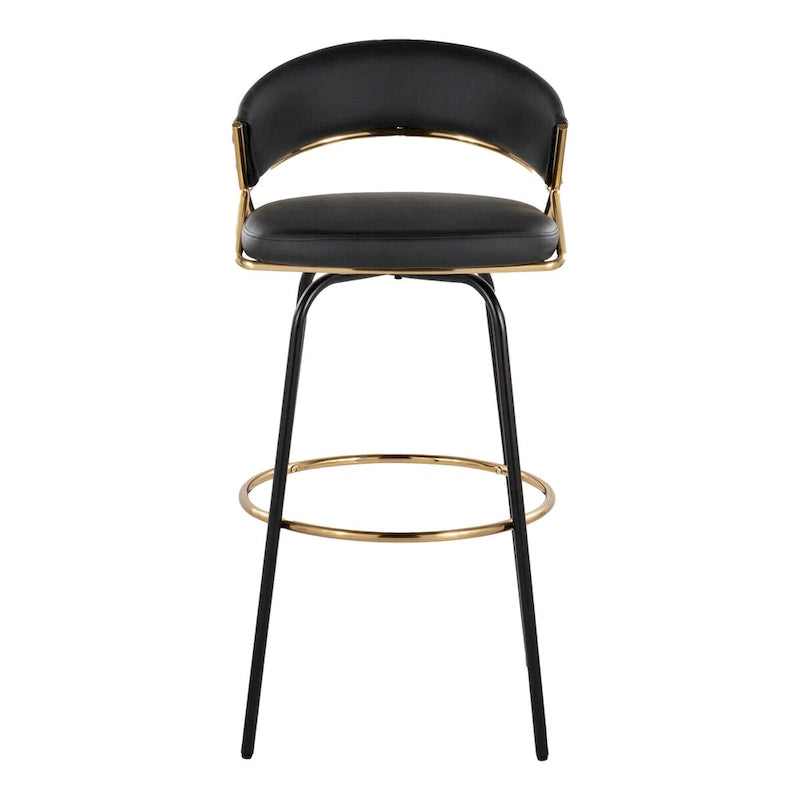 Tabouret de bar en similicuir noir et métal doré, hauteur fixe, pivotant à 360°, style contemporain glamour