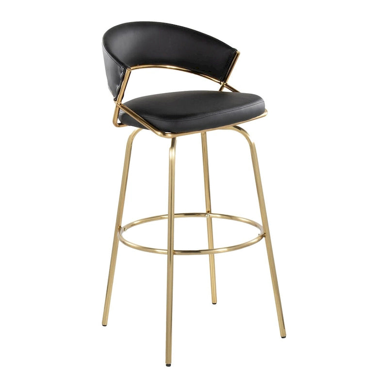 Tabouret de bar en similicuir noir et métal doré, hauteur fixe, pivotant à 360°, style contemporain glamour