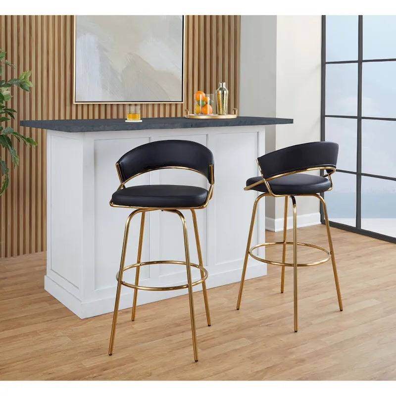 Tabouret de bar en similicuir noir et métal doré, hauteur fixe, pivotant à 360°, style contemporain glamour