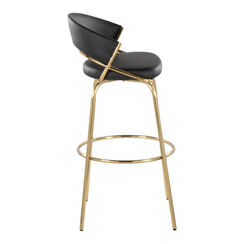 Tabouret de bar en similicuir noir et métal doré, hauteur fixe, pivotant à 360°, style contemporain glamour