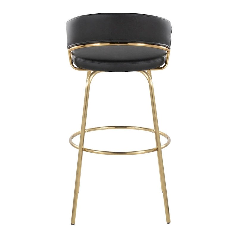 Tabouret de bar en similicuir noir et métal doré, hauteur fixe, pivotant à 360°, style contemporain glamour