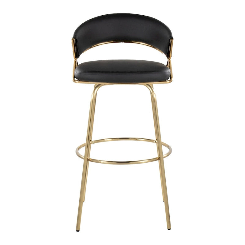 Tabouret de bar en similicuir noir et métal doré, hauteur fixe, pivotant à 360°, style contemporain glamour