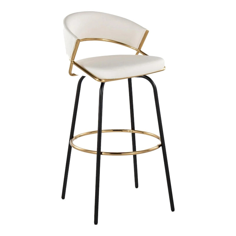 Tabouret de bar en similicuir noir et métal doré, hauteur fixe, pivotant à 360°, style contemporain glamour