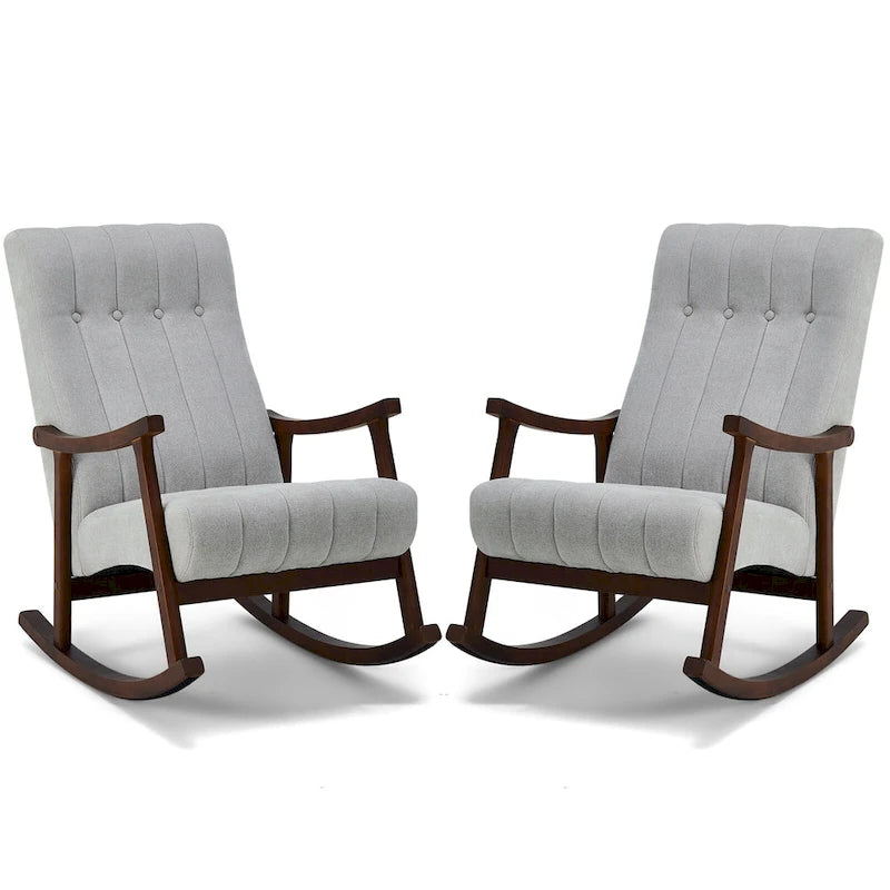Fauteuil à bascule en tissu beige à dossier haut, en bois d'hévéa avec base incurvée ergonomique
