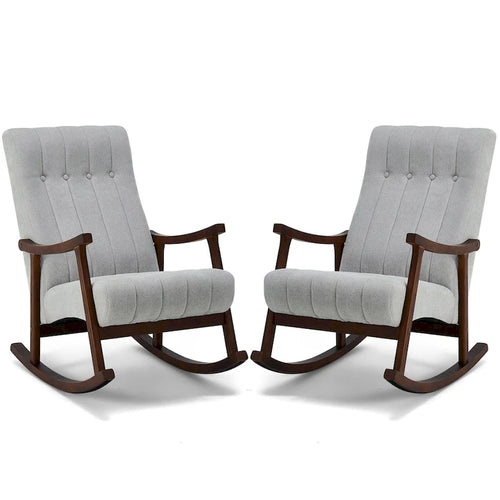 Fauteuil à bascule en tissu beige à dossier haut, en bois d'hévéa avec base incurvée ergonomique