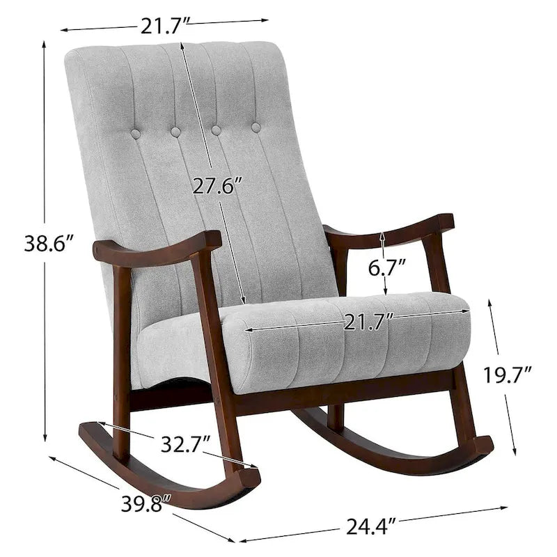 Fauteuil à bascule en tissu beige à dossier haut, en bois d'hévéa avec base incurvée ergonomique