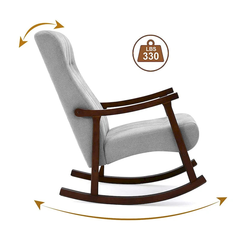 Fauteuil à bascule en tissu beige à dossier haut, en bois d'hévéa avec base incurvée ergonomique