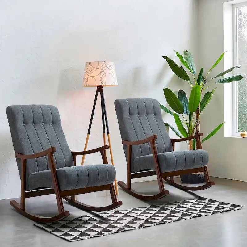 Fauteuil à bascule en tissu beige à dossier haut, en bois d'hévéa avec base incurvée ergonomique