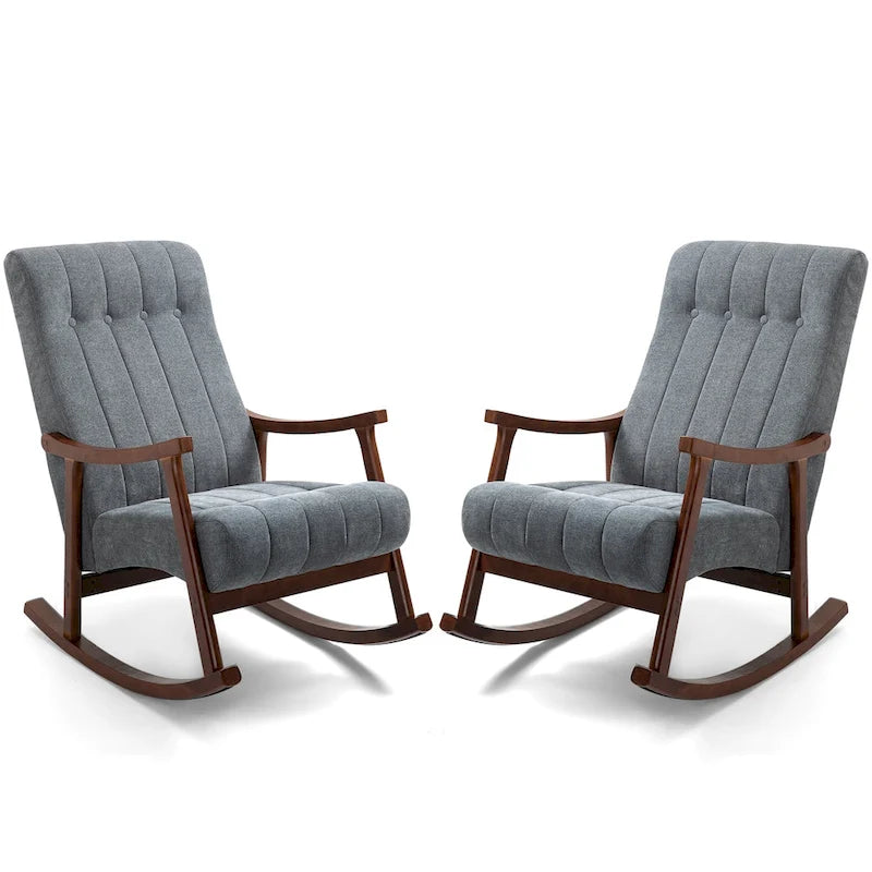Fauteuil à bascule en tissu beige à dossier haut, en bois d'hévéa avec base incurvée ergonomique