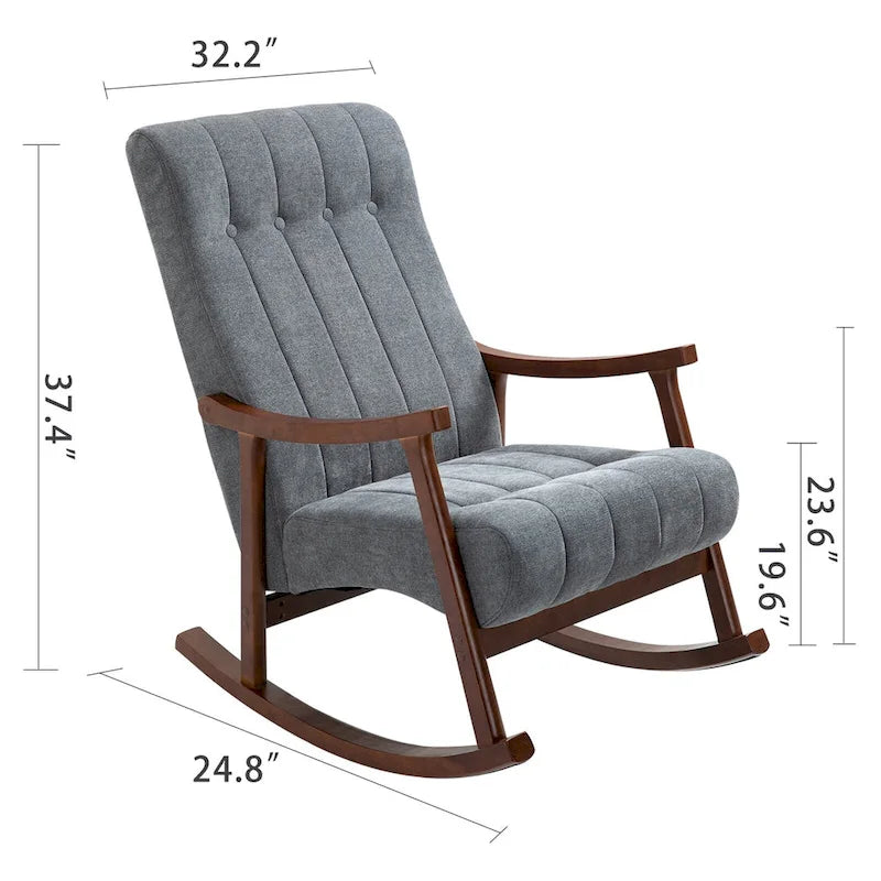 Fauteuil à bascule en tissu beige à dossier haut, en bois d'hévéa avec base incurvée ergonomique