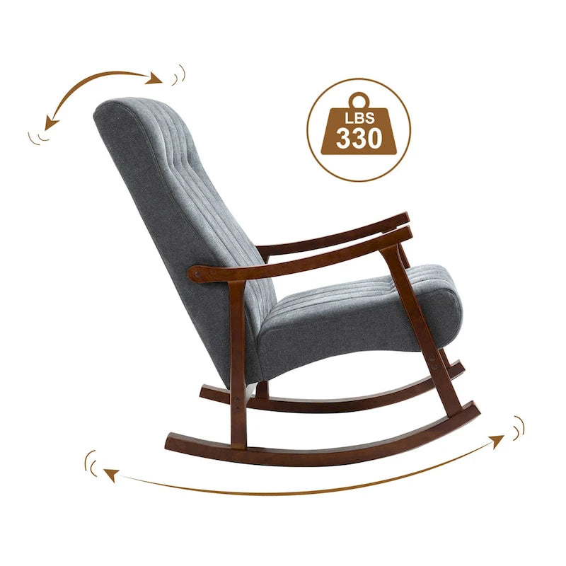 Fauteuil à bascule en tissu beige à dossier haut, en bois d'hévéa avec base incurvée ergonomique