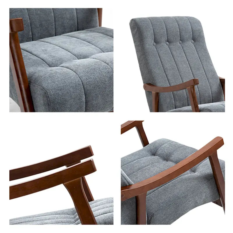 Fauteuil à bascule en tissu beige à dossier haut, en bois d'hévéa avec base incurvée ergonomique