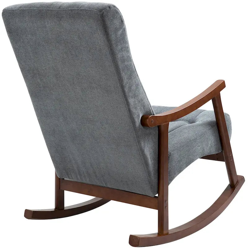 Fauteuil à bascule en tissu beige à dossier haut, en bois d'hévéa avec base incurvée ergonomique