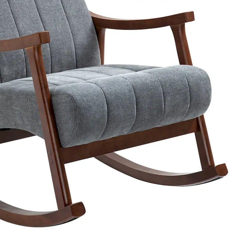 Fauteuil à bascule en tissu beige à dossier haut, en bois d'hévéa avec base incurvée ergonomique