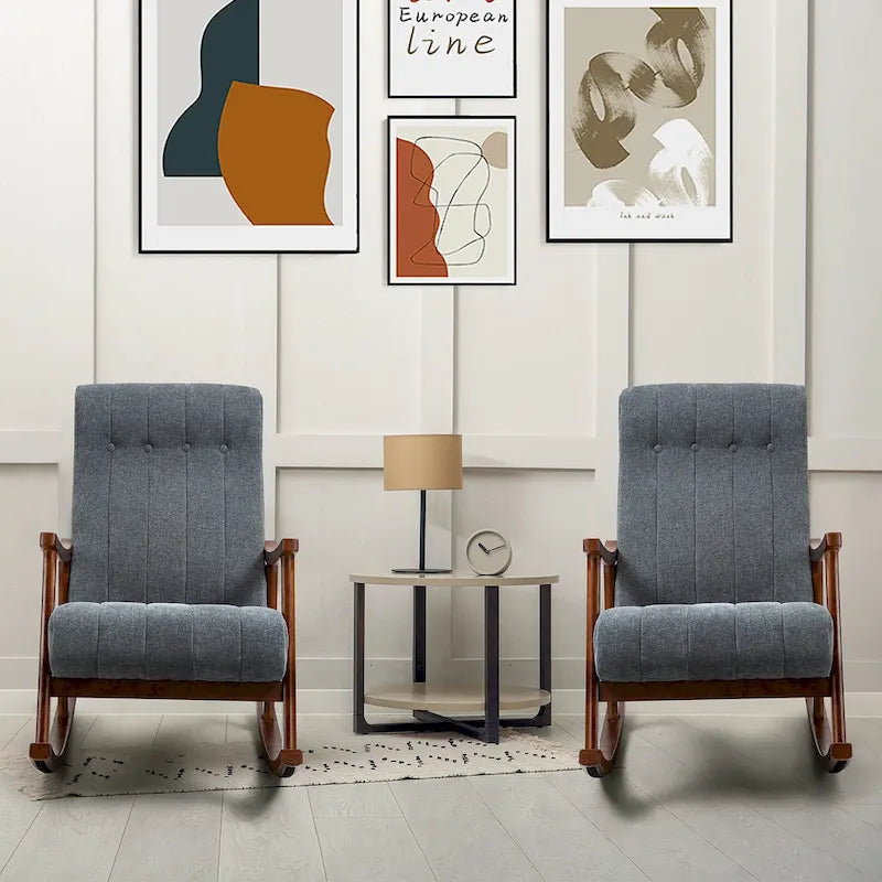 Fauteuil à bascule en tissu beige à dossier haut, en bois d'hévéa avec base incurvée ergonomique