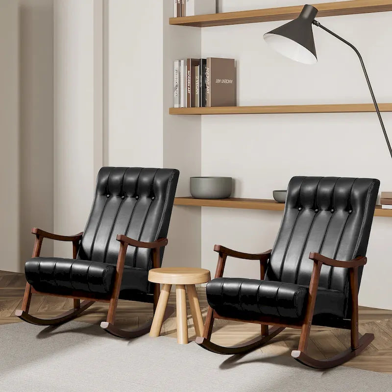 Fauteuil à bascule en tissu beige à dossier haut, en bois d'hévéa avec base incurvée ergonomique