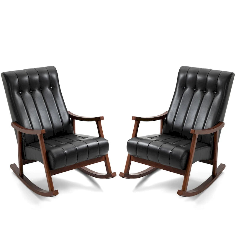 Fauteuil à bascule en tissu beige à dossier haut, en bois d'hévéa avec base incurvée ergonomique