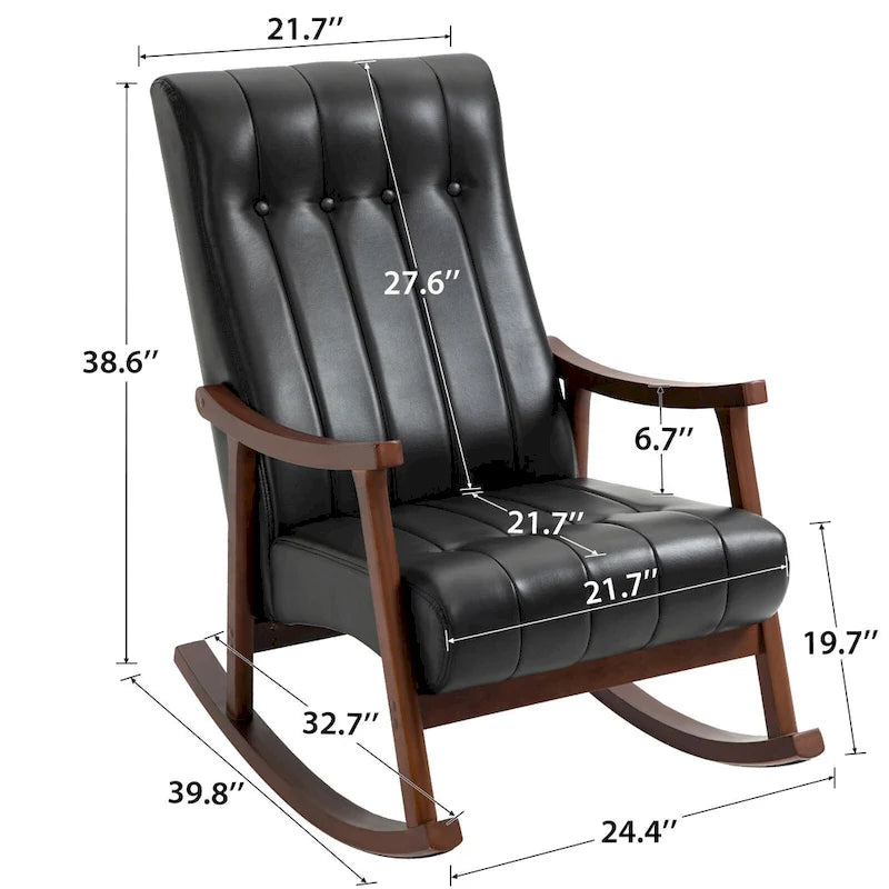 Fauteuil à bascule en tissu beige à dossier haut, en bois d'hévéa avec base incurvée ergonomique