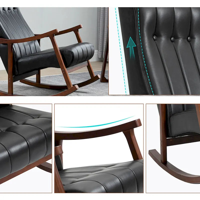 Fauteuil à bascule en tissu beige à dossier haut, en bois d'hévéa avec base incurvée ergonomique