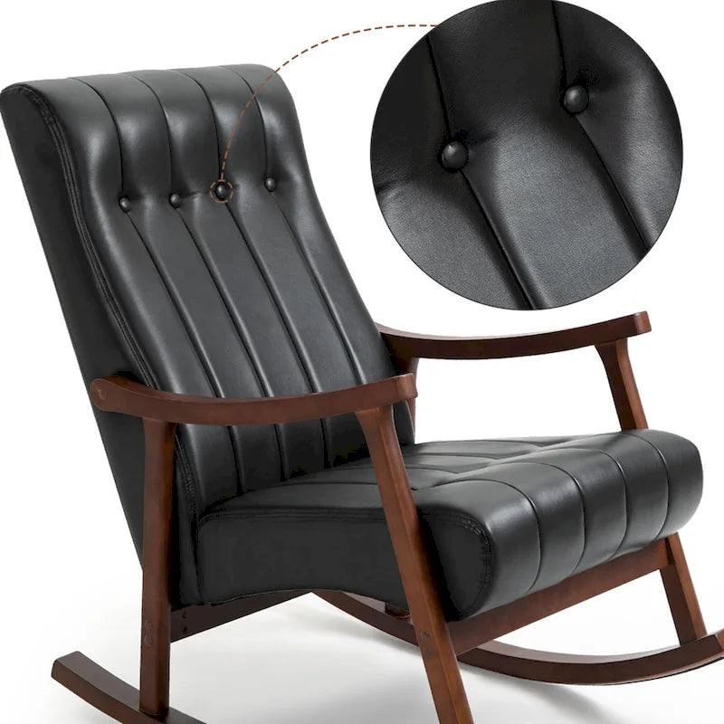 Fauteuil à bascule en tissu beige à dossier haut, en bois d'hévéa avec base incurvée ergonomique