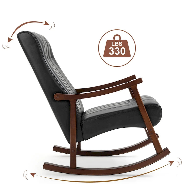 Fauteuil à bascule en tissu beige à dossier haut, en bois d'hévéa avec base incurvée ergonomique