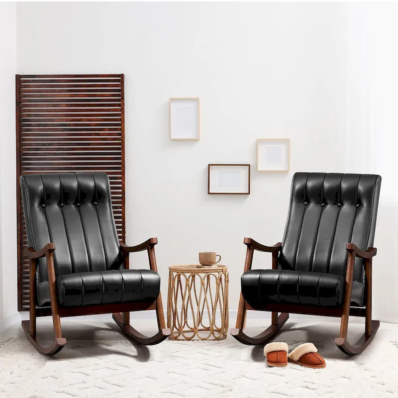 Fauteuil à bascule en tissu beige à dossier haut, en bois d'hévéa avec base incurvée ergonomique