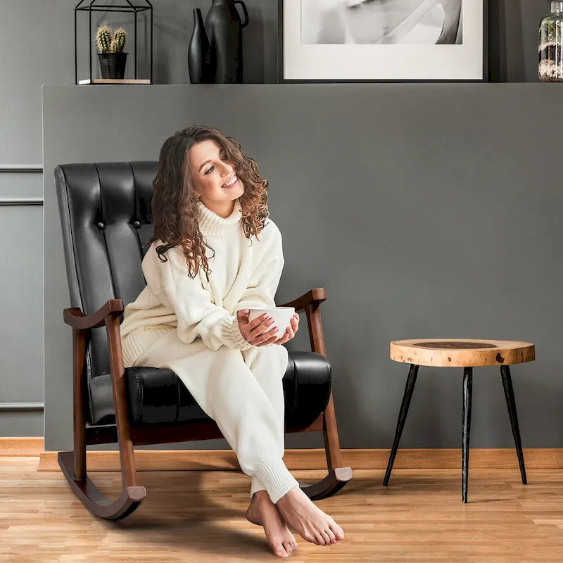 Fauteuil à bascule en tissu beige à dossier haut, en bois d'hévéa avec base incurvée ergonomique