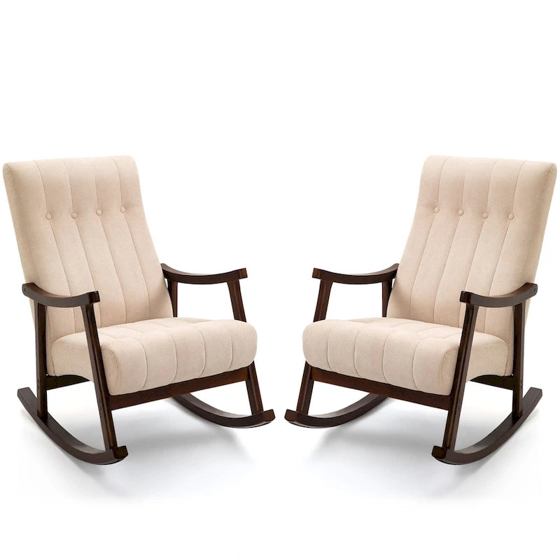 Fauteuil à bascule en tissu beige à dossier haut, en bois d'hévéa avec base incurvée ergonomique
