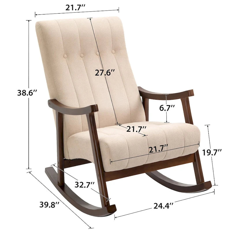 Fauteuil à bascule en tissu beige à dossier haut, en bois d'hévéa avec base incurvée ergonomique