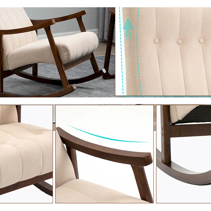 Fauteuil à bascule en tissu beige à dossier haut, en bois d'hévéa avec base incurvée ergonomique