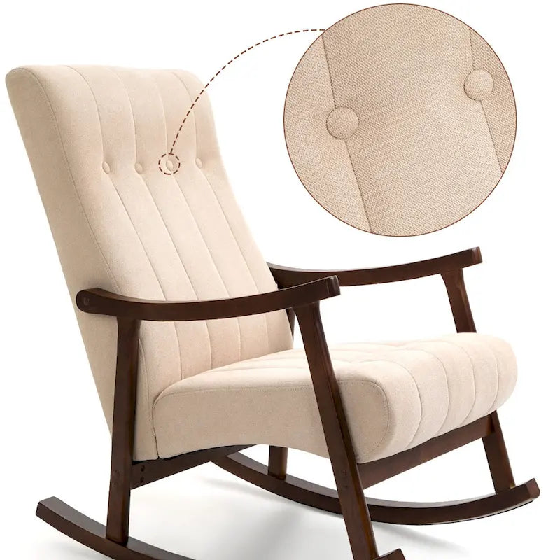 Fauteuil à bascule en tissu beige à dossier haut, en bois d'hévéa avec base incurvée ergonomique