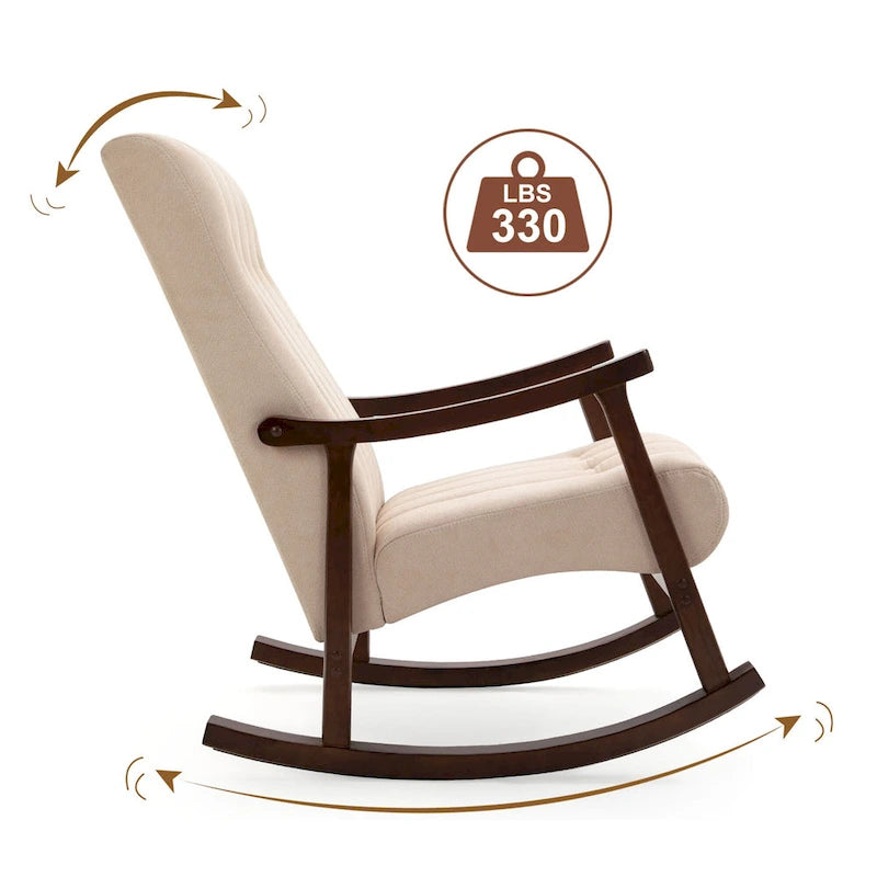 Fauteuil à bascule en tissu beige à dossier haut, en bois d'hévéa avec base incurvée ergonomique