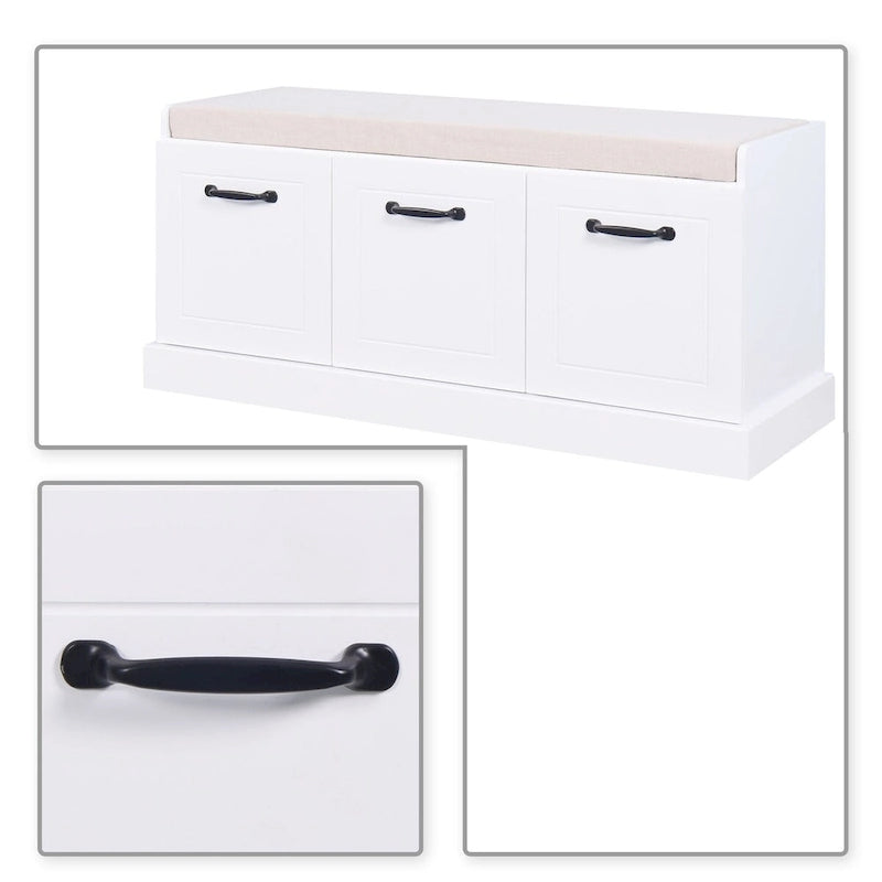 Banc de rangement minimaliste en MDF blanc, assise coussinée, poignées, pour entrée ou chambre à coucher.