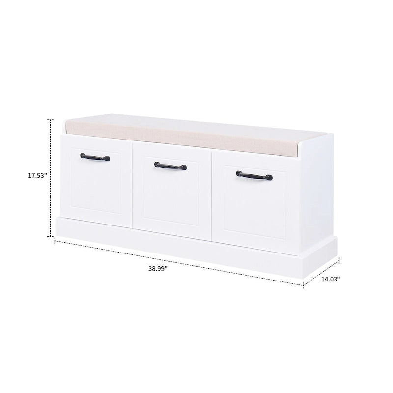 Banc de rangement minimaliste en MDF blanc, assise coussinée, poignées, pour entrée ou chambre à coucher.