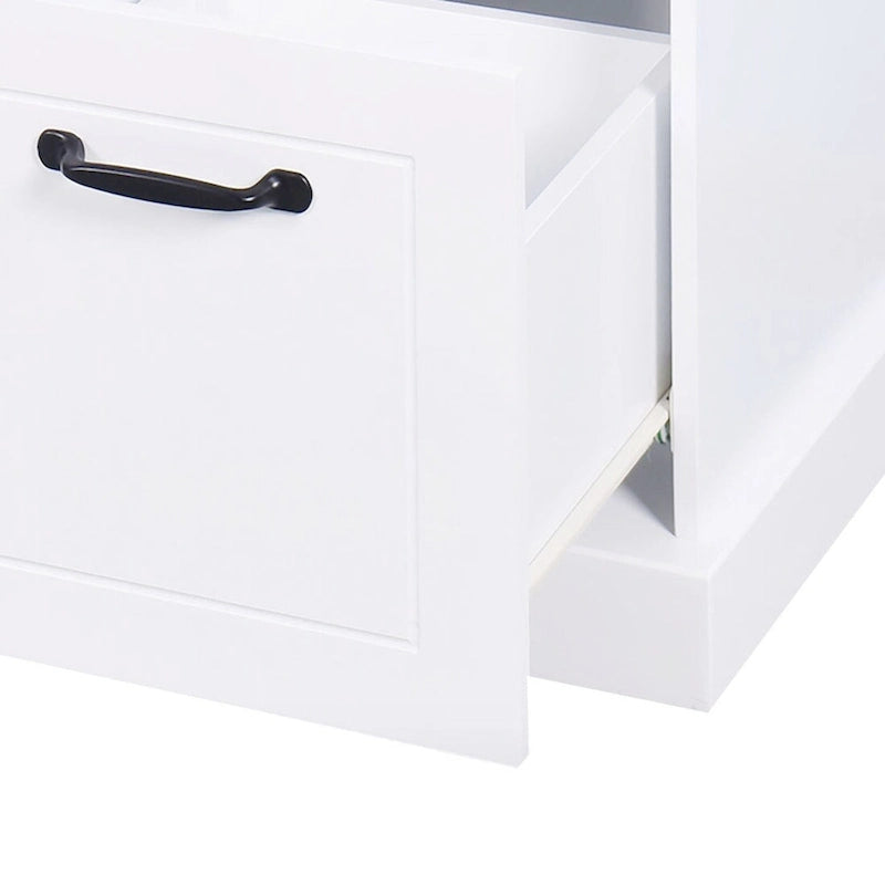 Banc de rangement minimaliste en MDF blanc, assise coussinée, poignées, pour entrée ou chambre à coucher.