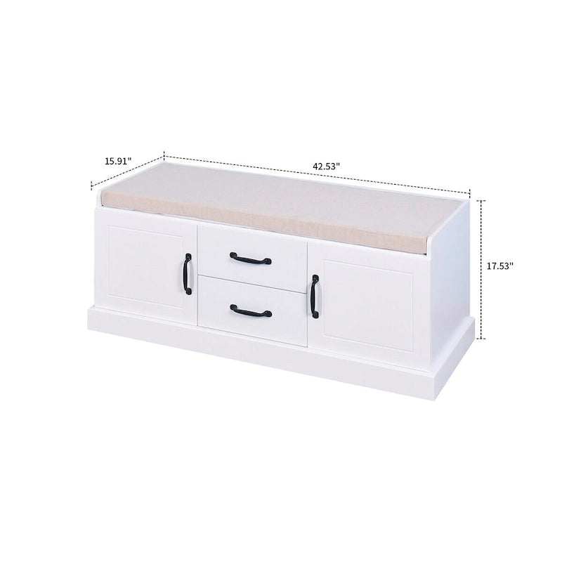 Banc de rangement minimaliste en MDF blanc, assise coussinée, poignées, pour entrée ou chambre à coucher.