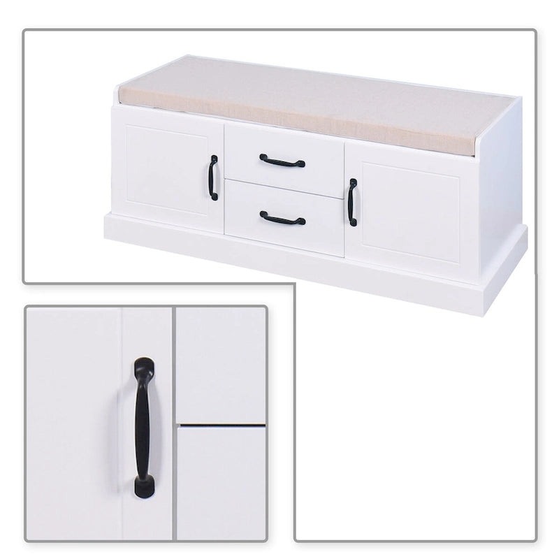 Banc de rangement minimaliste en MDF blanc, assise coussinée, poignées, pour entrée ou chambre à coucher.