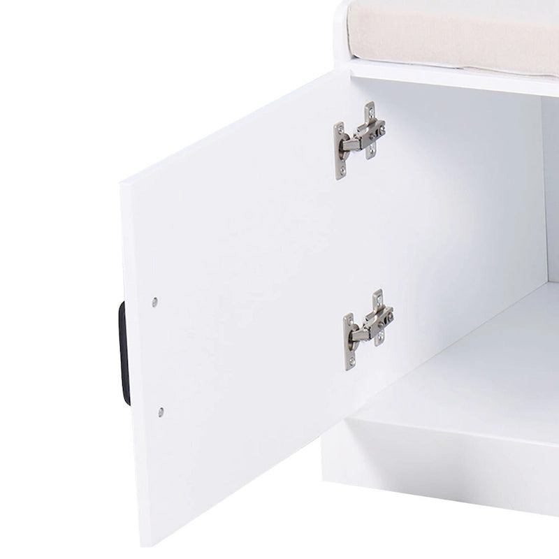 Banc de rangement minimaliste en MDF blanc, assise coussinée, poignées, pour entrée ou chambre à coucher.