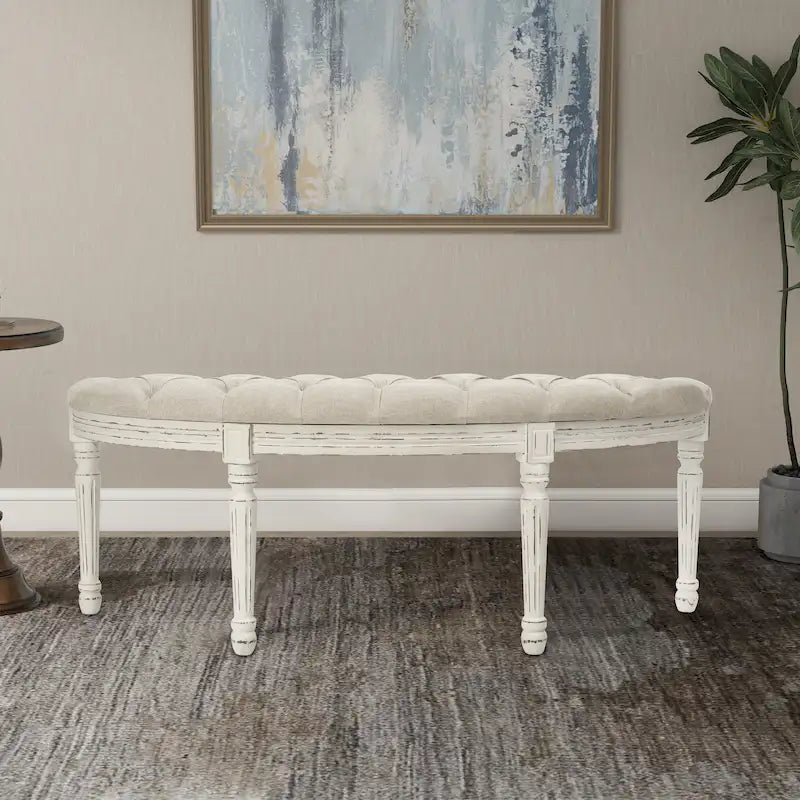 Banc rétro capitonné en lin ivoire avec pieds cannelés en bois style Mid-Century